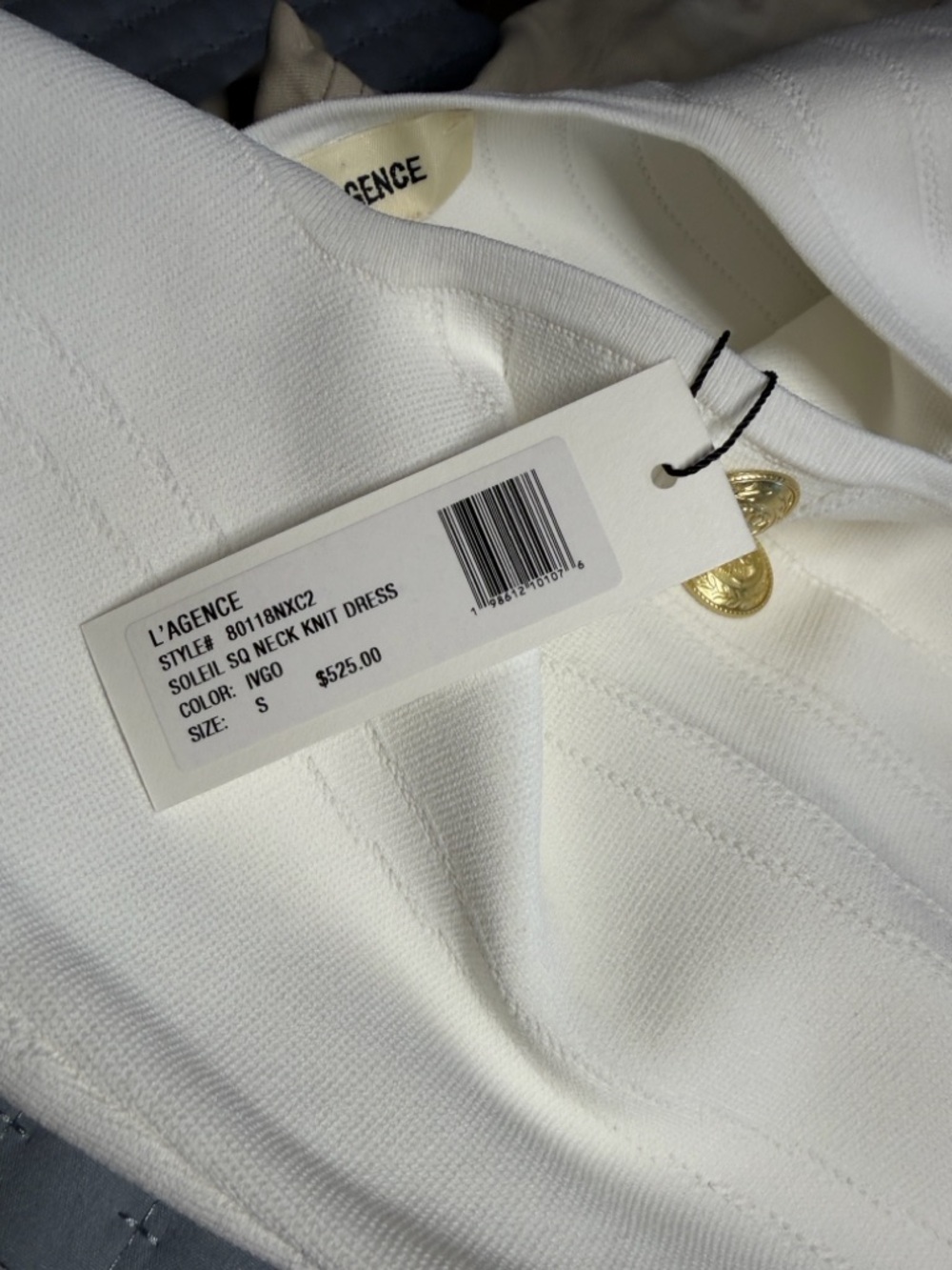 L'AGENCE White Ribbed Midi Dress with Gold Buttons - Picture 6 of 7